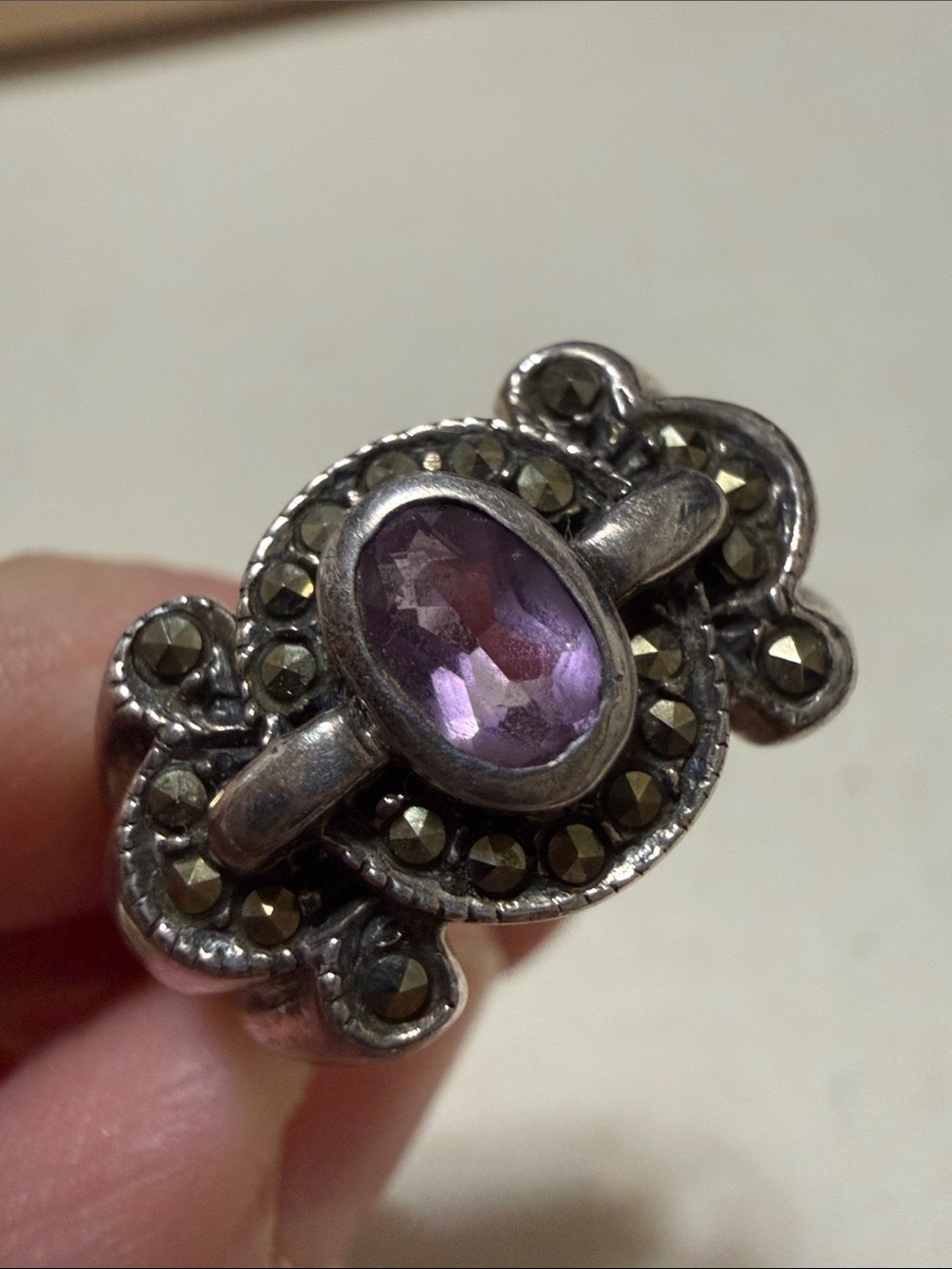 Sterling Silver 925 Amethyst Marcasite Statement Ring size 9